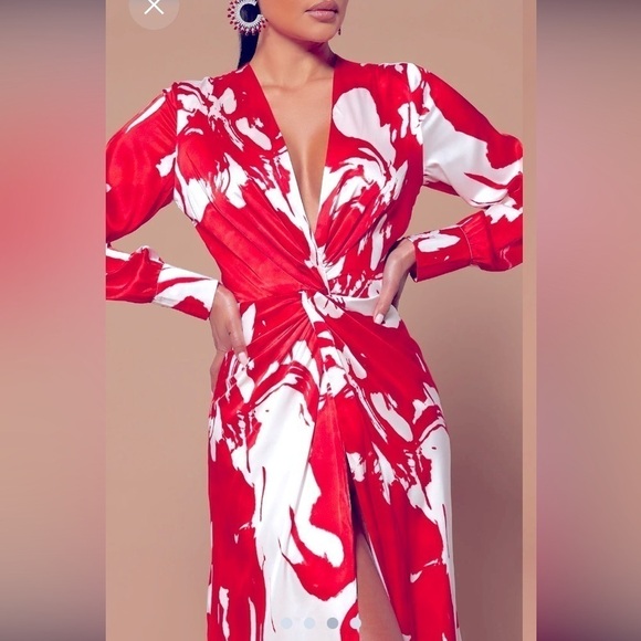 Christmas dress,Satin max dress ,frontal slit ,long sleeves red and whit… - Picture 3 of 5